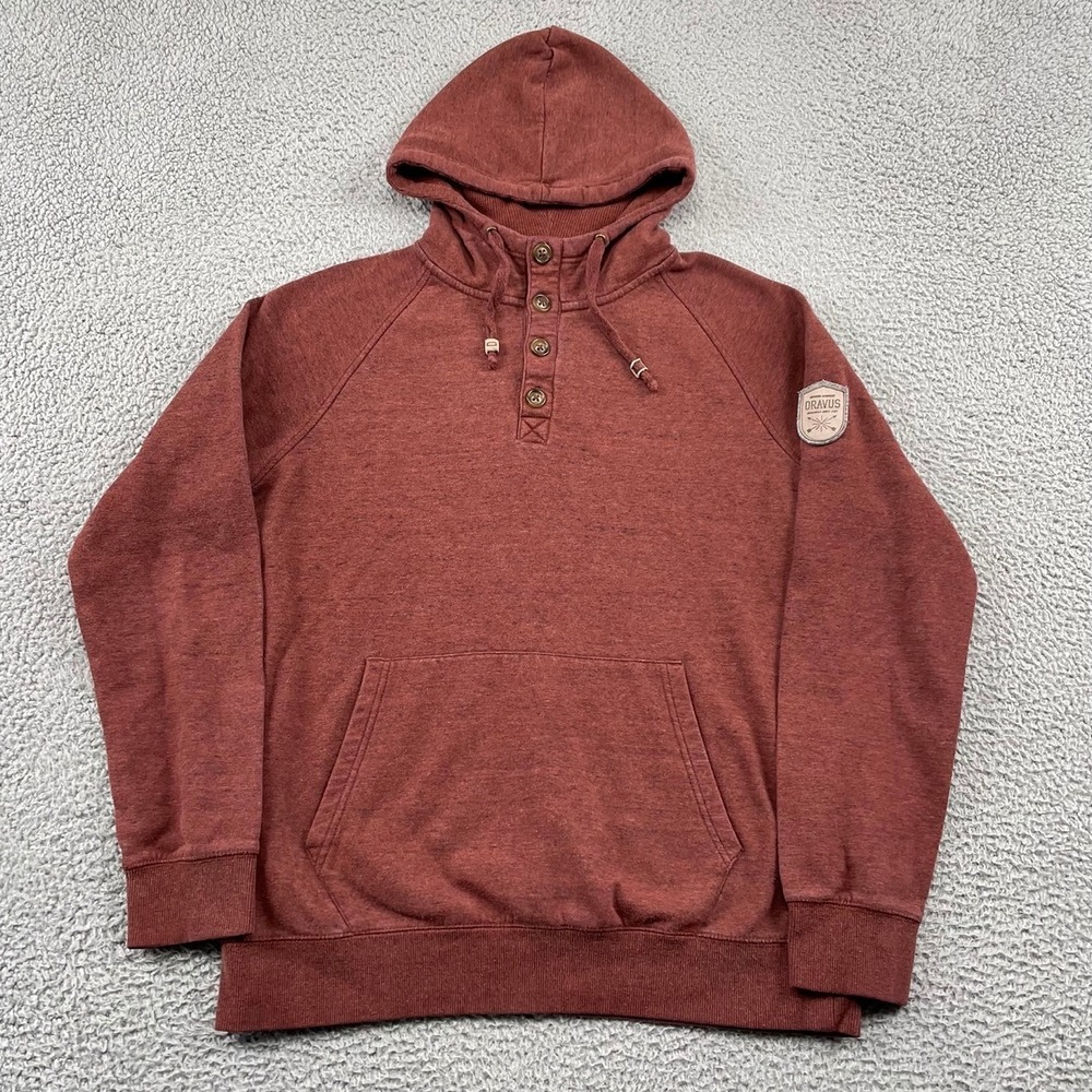Dravus Hoodie Mens Large Maroon Henley Pullover Sweatshirt‎ Raglan Sleeve Patch